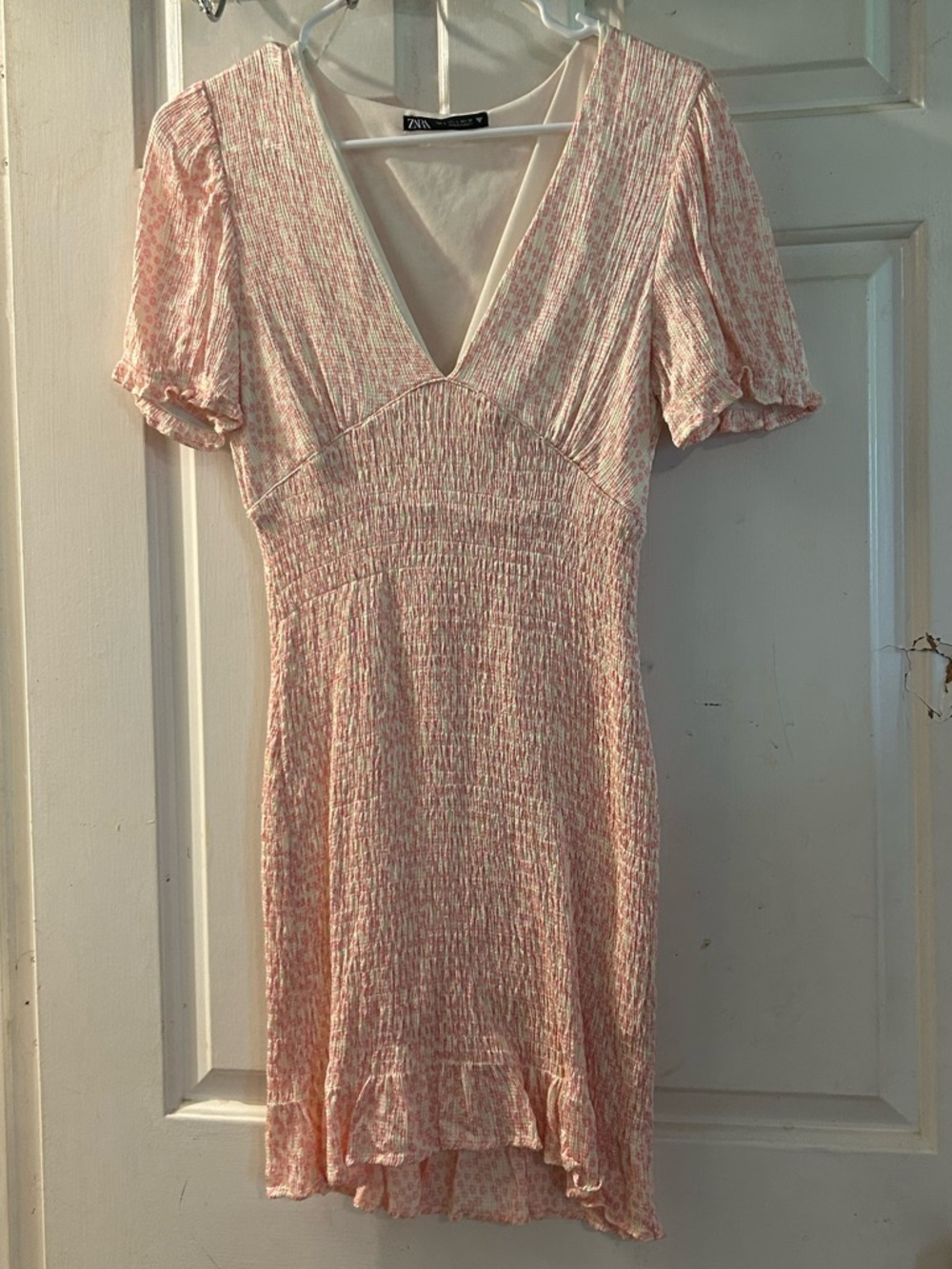 Zara Pink Smocked V-Neck Mini Dress with Ruffle Hem